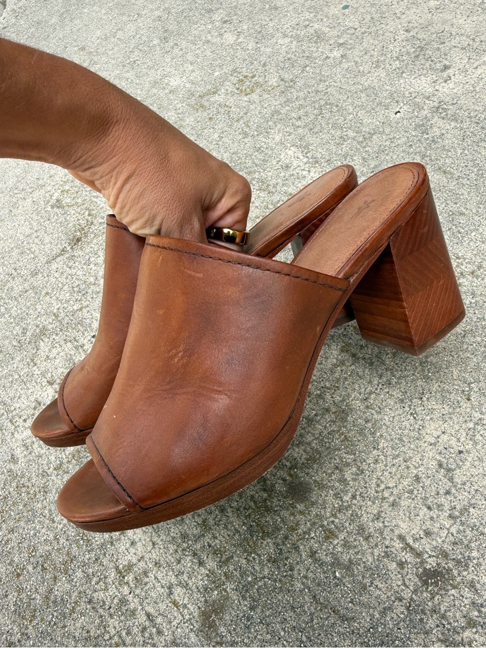 Frye Cognac Leather Open-Toe Block Heel Mules